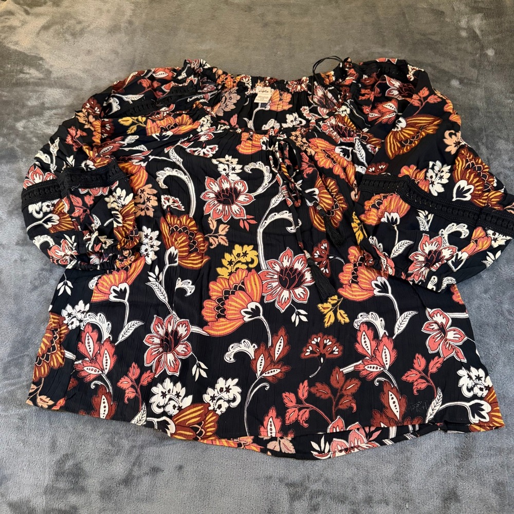 Lola P Floral Print Blouse Top Black Orange Bohemian Peasant Ruffle Womens Large